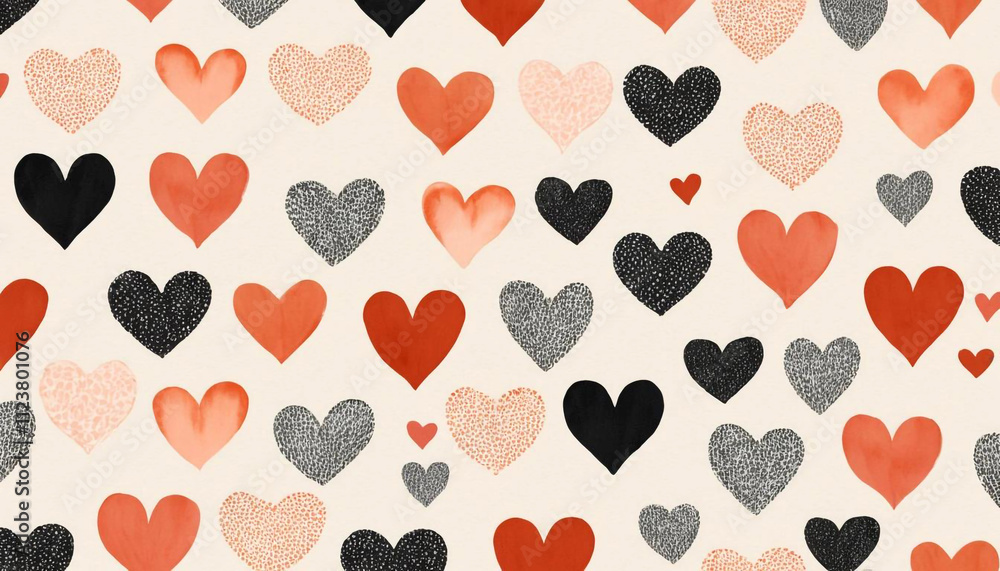 Fototapeta premium A seamless pattern of hearts in various shades of orange-red and black, on a cream-colored background. Valentines Day Pattern.