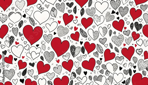 A seamless pattern of hand-drawn hearts.  Many small, stylized hearts in various shades of red and white, outlined in black. Valentines Day Pattern.