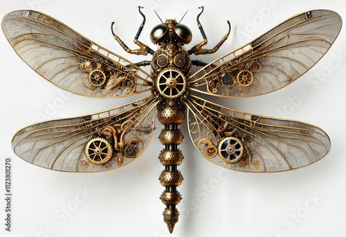 Steampunk dragonfly with brass wings and glowing engines hovers over a reflective metallic pond, blending elegance and fantasy photo