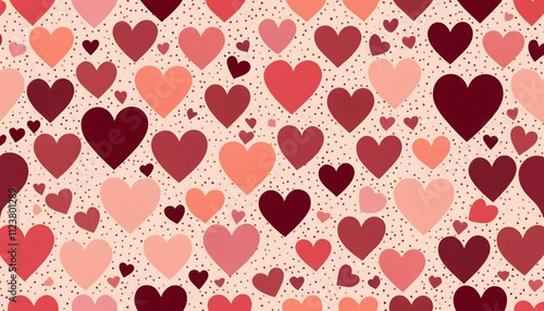A seamless pattern of stylized hearts.  Many various shades of red and maroon hearts are scattered across a pale peach background. Valentines Day Pattern.