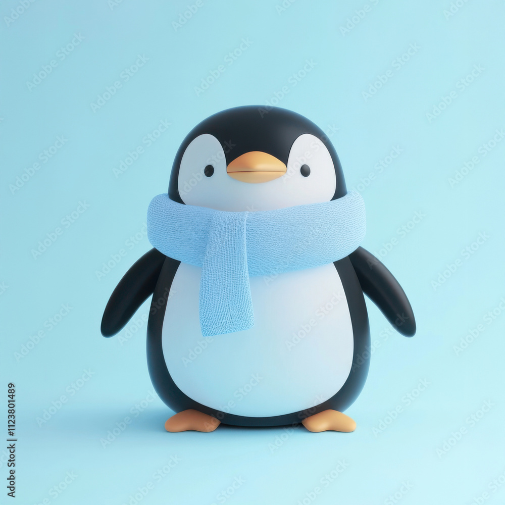 Fototapeta premium Cute cartoon penguin wearing a blue scarf standing against a light blue background, AI