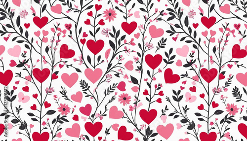 A seamless pattern of various hearts, flowers, and small branches.  Valentine's Day, Happy Valentine's Day, Valentine's Day Gifts, Greeting Cards for Valentine's Day, and Happy Valentine's Day Images.