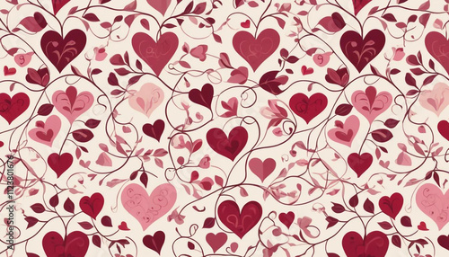 A vibrant and repeating pattern of hearts and decorative floral elements.  Valentine's Day, Happy Valentine's Day, Greeting Cards for Valentine's Day, and Happy Valentine's Day Images.