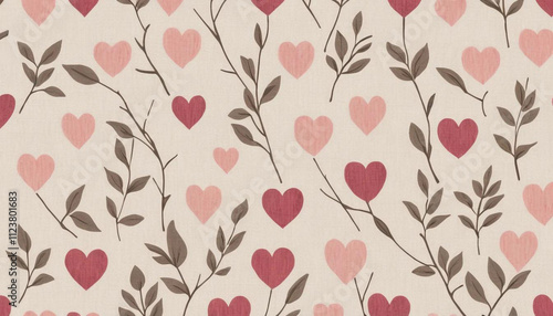 A seamless pattern on a light beige linen-like fabric.  Small, stylized,  reddish-pink hearts and simple, muted pink floral elements,  like small branches with leaves. Valentines Day Pattern.