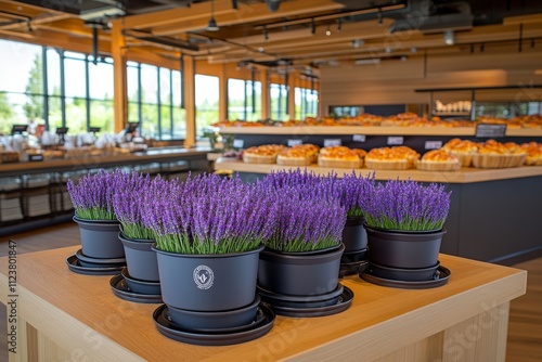  Un conjunto de macetas con lavanda fresca exhibidas en una mesa de madera dentro de una tienda moderna, con un ambiente luminoso y panadería en el fondo.
 photo