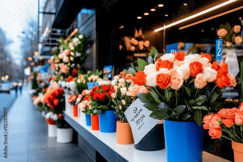  Exhibición de macetas coloridas con rosas en tonos naranjas, rosados y blancos frente a una tienda de flores con iluminación nocturna.
 photo