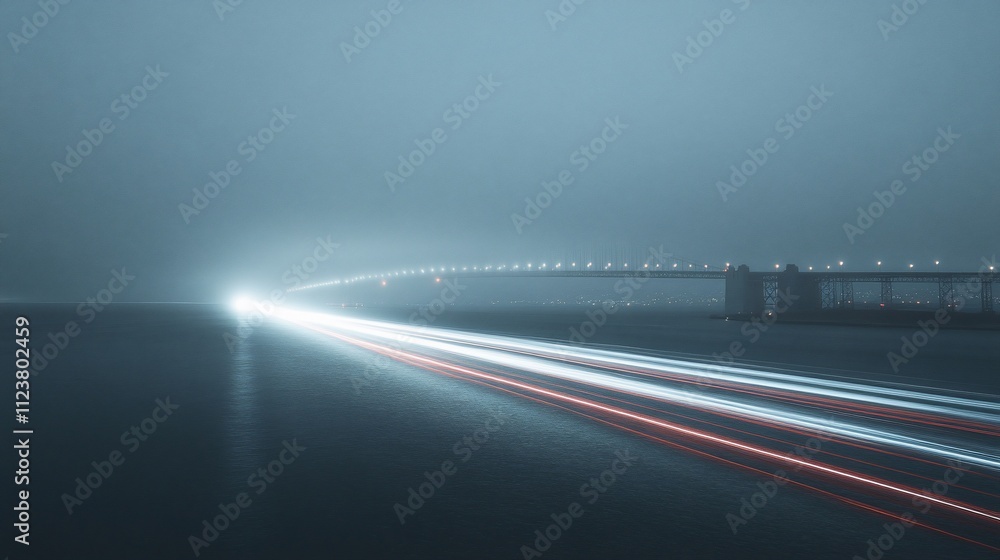 Obraz premium Light trails on highway bridge at night, foggy.