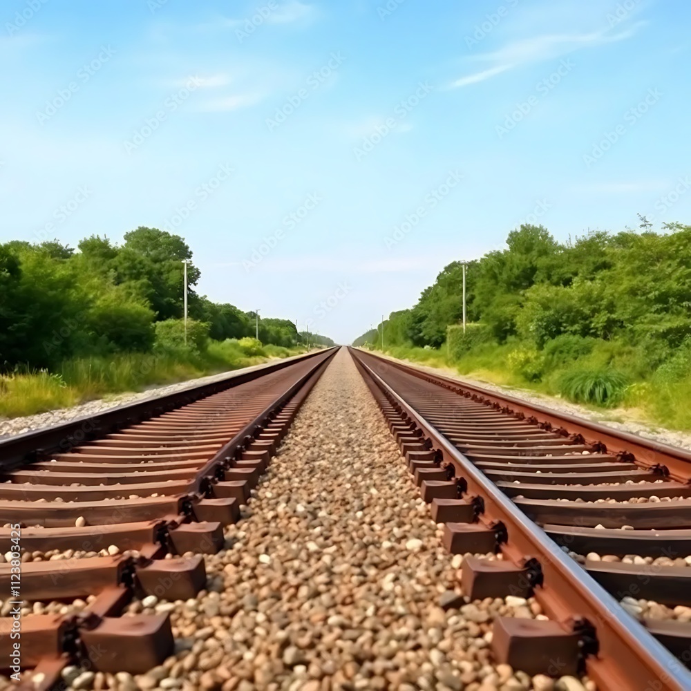 Fototapeta premium a perspective view of railway tracks stretching into the distance, surrounded by lush greenery and a clear blue sky