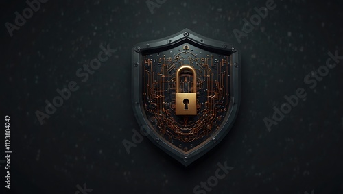 A metallic shield with a circuit pattern featuring a golden padlock in the center, symbolizing security and protection.