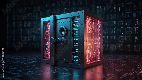 A futuristic safe with glowing circuit patterns, featuring a combination lock and illuminated edges, set against a dark background. photo