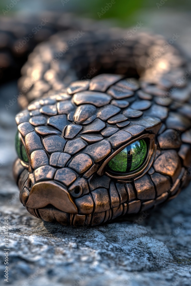 Fototapeta premium Close-up of a detailed bronze snake sculpture with vivid green eyes resting on a textured stone surface, AI