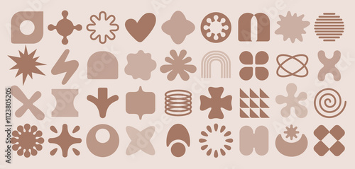 Abstract mocha mousse color 2025 year graphic elements, icon and shape y2k style. Retro simple coffee icon, shape. Star, flower, geometric figure, line. Set of vintage basic design vector illustration