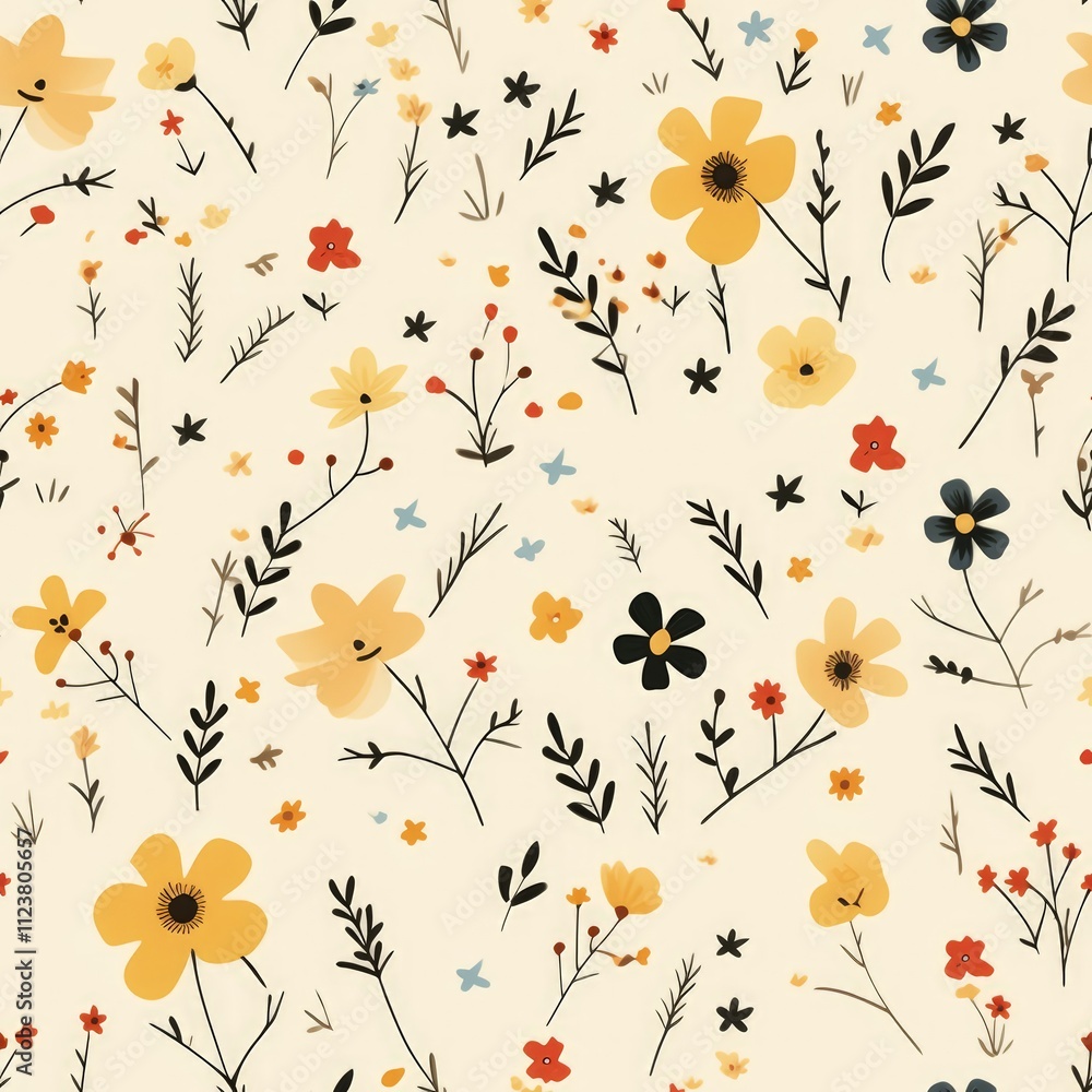 Fototapeta premium Seamless pattern with yellow, red, and blue wildflowers on a cream background.
