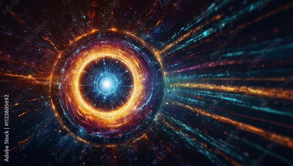 Obraz premium A vibrant cosmic scene features a luminous center surrounded by swirling rings of orange and blue energy, radiating outward.