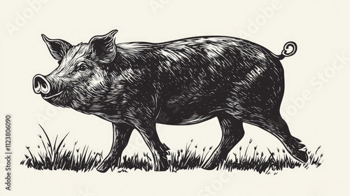 Walking pig illustration, hand-drawn style.