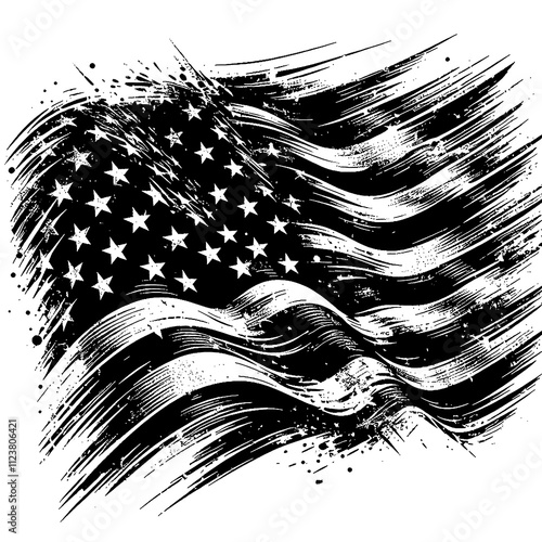 american flag, illustration, vector, abstract, distress, brush, scratch, paint, black and white