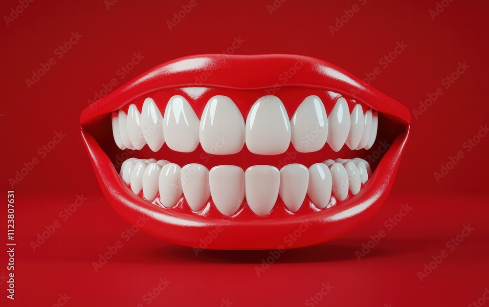 A perfect white smile with shiny teeth highlighted on a bold red studio backdrop A perfect white smile with shiny teeth highlighted on a bold red studio backdrop