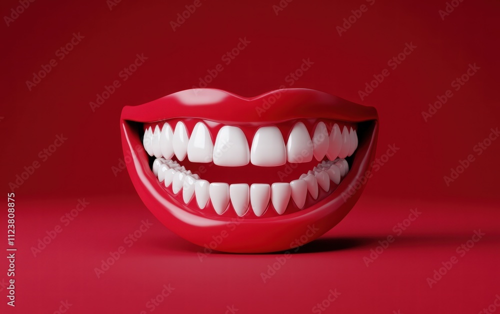 Naklejka premium A perfect white smile with shiny teeth highlighted on a bold red studio backdrop