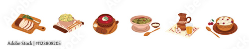 Collection of traditional Ukrainian dishes: borscht, cabbage rolls, varenyky with cherry, uzvar, salo, potatoes with dill. Cuisine of Ukraine. Rustic, authentic flat vector design on white background.