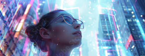 A young woman with glasses, looking up at the sky with her head tilted to one side, stands in front of an abstract digital background. photo