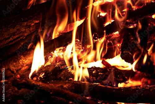 Burning firewood close-up bright flames orange and yellow colors intense heat glowing embers dark background suitable for fireplace campfire or bonfire themes