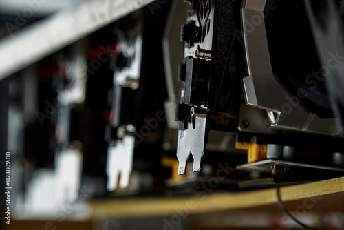 Close-up view multiple graphics cards mining rig cryptocurrency mining equipment computer hardware technology electronic components high-performance computing data processing