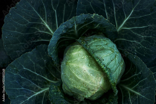 Close-up cabbage green leaves water droplets fresh vegetable organic garden healthy food nature photography high resolution detailed texture dark background.