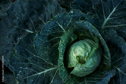 Close-up cabbage green leaves water droplets fresh vegetable organic garden healthy food nature photography high resolution detailed texture dark background.