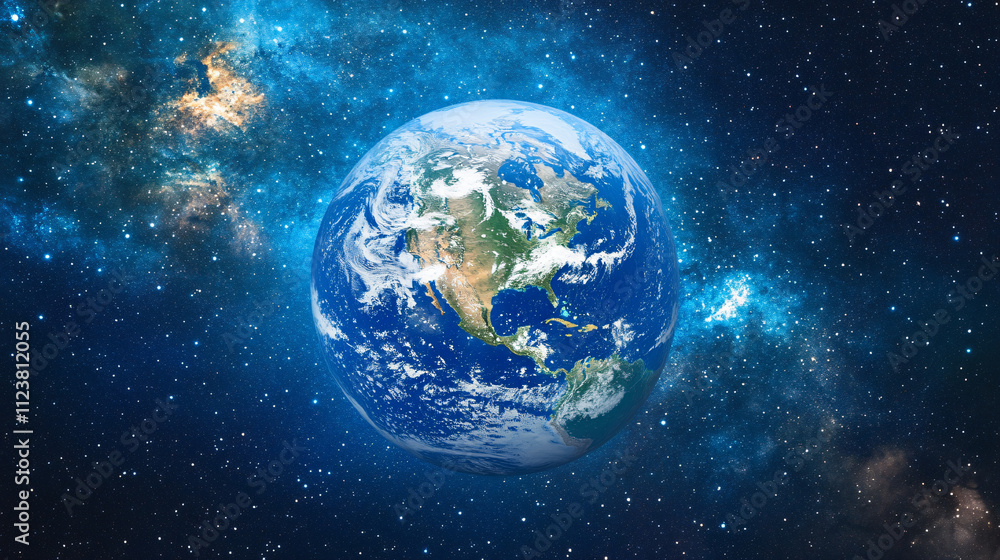 Naklejka premium A vast expanse of Earth as seen from the stars, with swirling clouds and vibrant oceans.
