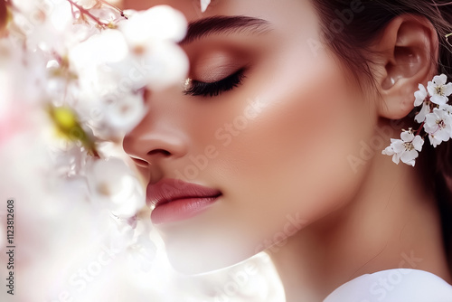 A gentle forehead touch amidst blooming flowers captures a serene emotional moment with soft focus and glowing features