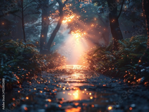 Magical Forest at Night, Orange Lights, Water, Ferns: photo