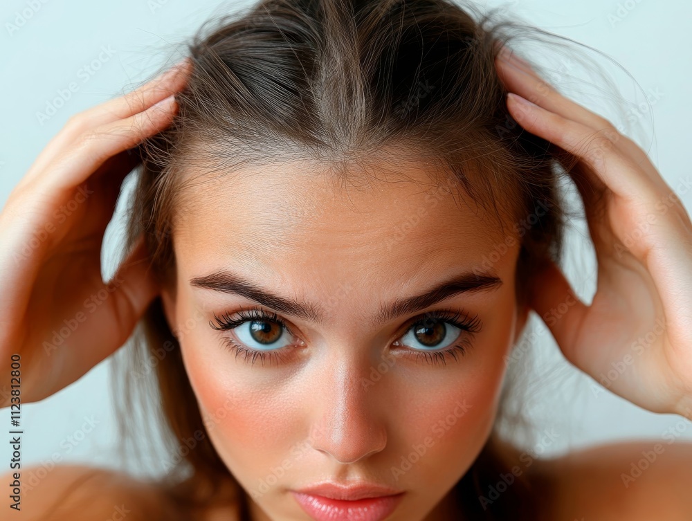 Naklejka premium Girl Grabbing Head, Hair Falling Out, Bad Hair, Hair Treatment, dandruff, alopecia, psoriasis