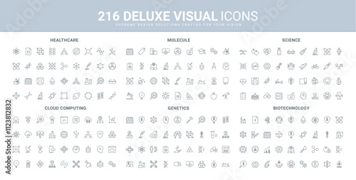 Genetics science and biotechnology, mutation and heredity research line icon set. Medical equipment for health check, AI and cloud computing settings thin black outline symbols vector illustration