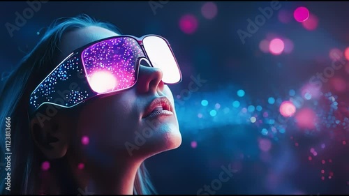 Futuristic woman wearing illuminated VR glasses in a neon-lit environment