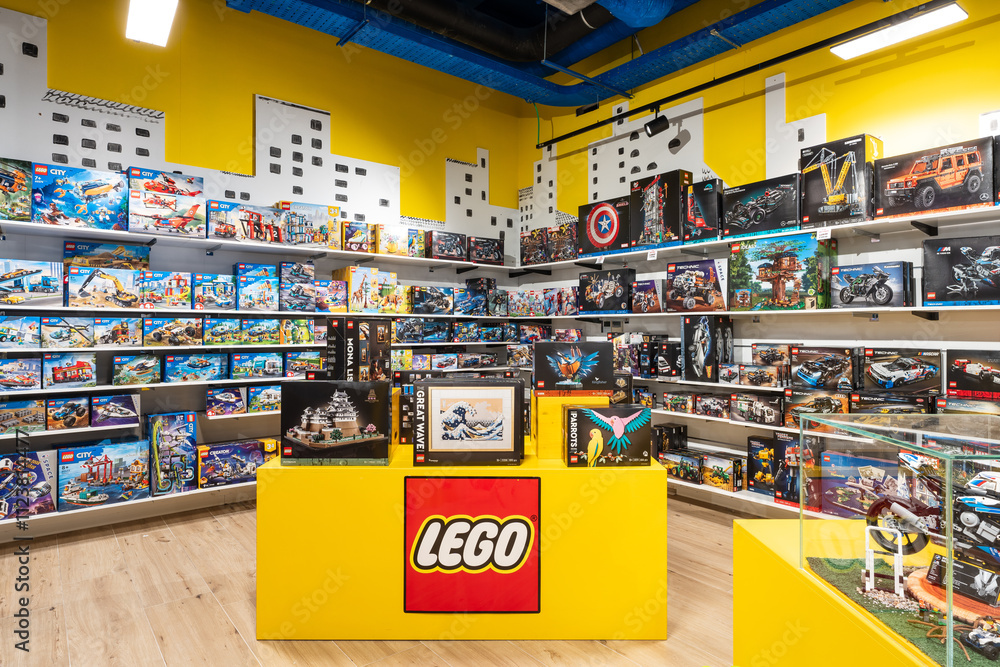 Obraz premium corner with Lego board games. Toy construction brand. Udine Italy_December 4_2024.