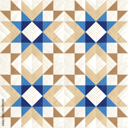 Rustic patchwork plaid pattern, seamless quilt block pattern background, featuring simple shapes, slightly textured, vector illustration, blue, brown and beige pastel colors,
