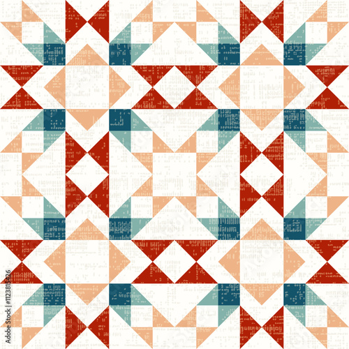 Rustic patchwork plaid pattern, seamless quilt block pattern background, featuring simple shapes, slightly textured, vector illustration, red turquoise green beige colors,