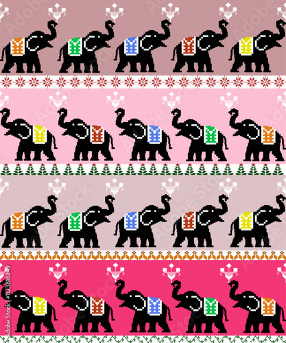 Indian Elephant Pattern, Colorful Indian Elephant Pattern with Traditional Design, Indian Elephant Fabric Design, Ethnic Elephant Print, Traditional Elephant Motif, Vector, Seamless Pattern