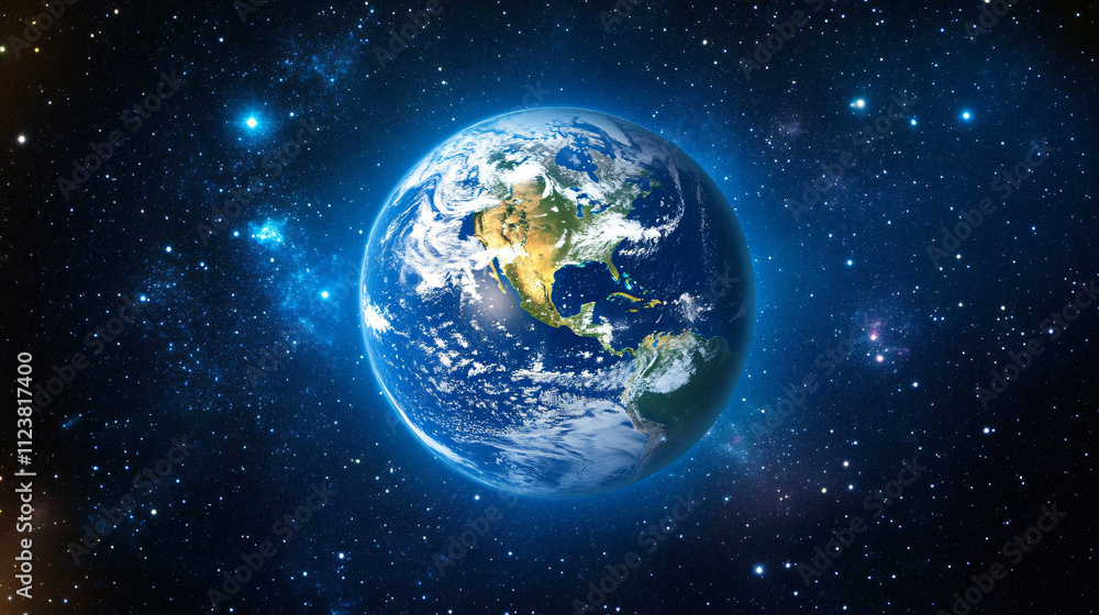 Fototapeta premium A view of Earth from space, illuminated by the sun with stars sparkling in the distance.
