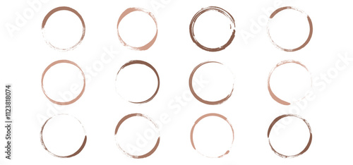 Coffee circle, stain mocha mousse colors, paint brush grunge texture, cup ink mark, round chalk trace isolated on white background. Watercolor border trendy colour 2025 year. Vector illustration