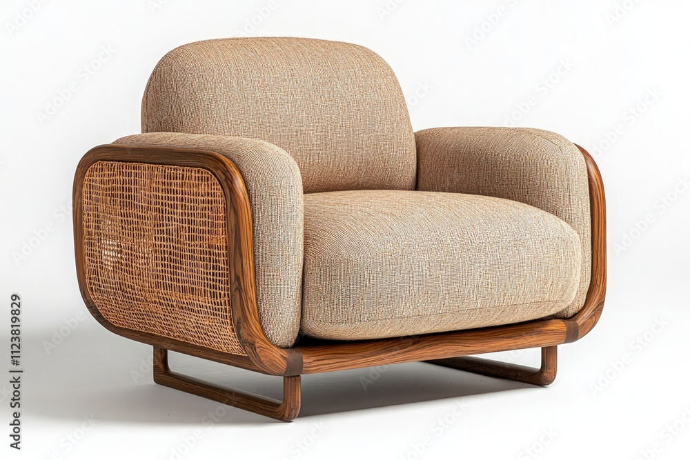 Fototapeta premium Beige fabric armchair with woven rattan sides and wooden frame on white background.