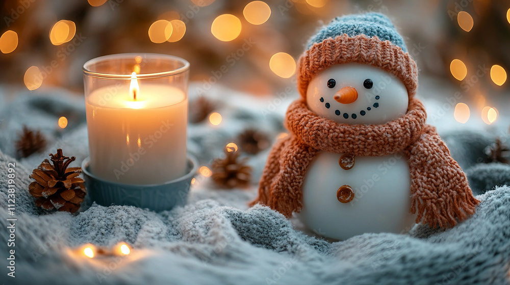 Obraz premium christmas decoration with candle and snowman