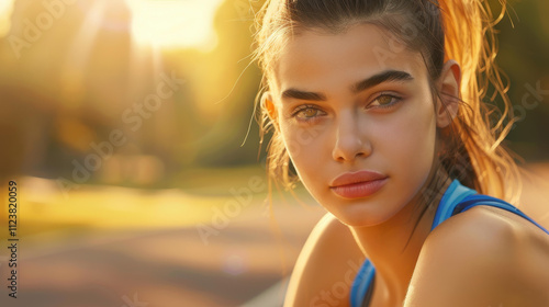 A young female athlete finds relief, resting postexercise in a serene park, silhouetted against the evening sky. photo