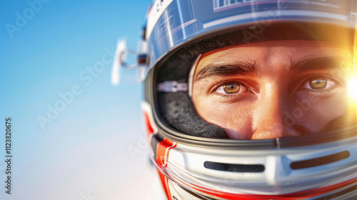 A skilled driver dons a sleek helmet, poised and ready, as the excitement builds for an adrenalinefueled race. photo