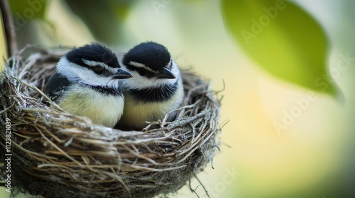 Birds family in nest composition background photo