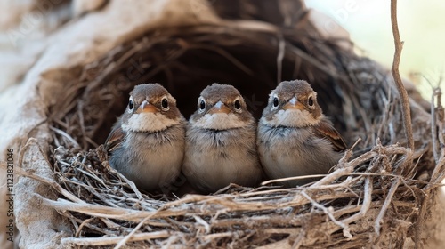 Birds family in nest composition background photo