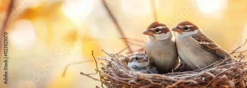 Birds family in nest composition background photo