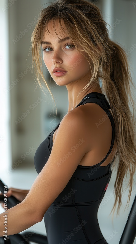 Fototapeta premium Athletic woman exercising in a modern gym environment, showcasing determination, fitness, and strength while wearing stylish workout attire and engaging in physical activity.