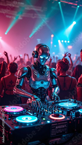 Futuristic AI DJ Robot Electrifies Crowd at High-Tech Rave: Perfect for Music Event Promotions & Nightlife Marketing photo