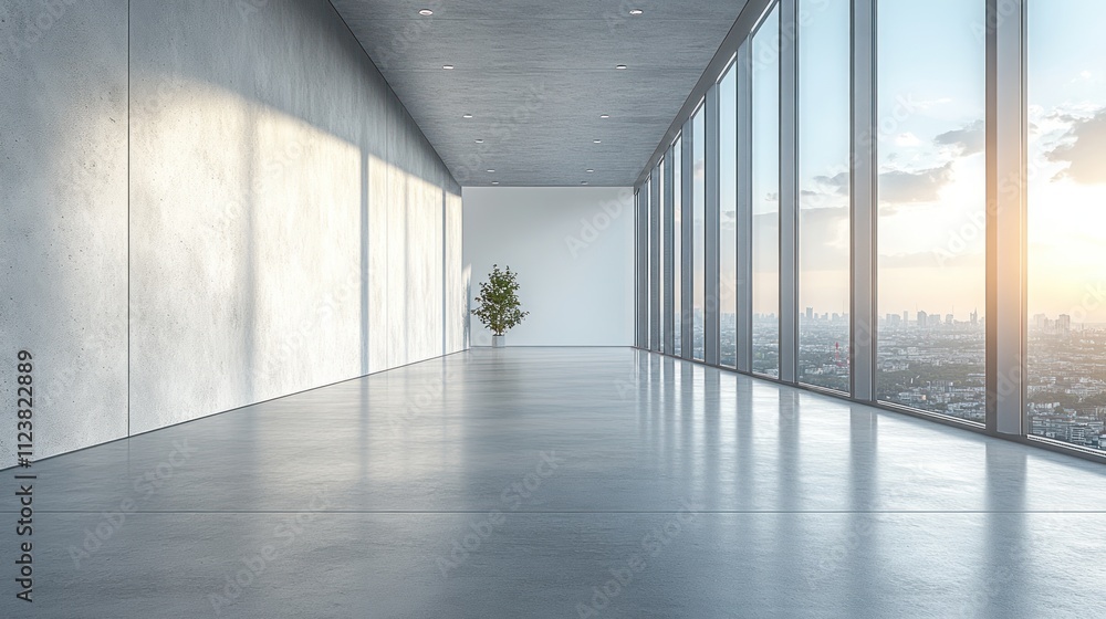 Fototapeta premium Modern empty room with large windows and a single plant.